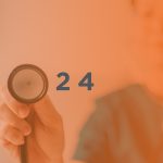 Clinician holding stethoscope out in front of her