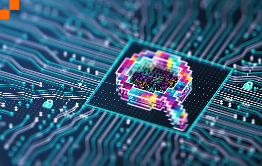 computer chip with magnifying glass graphic in the middle