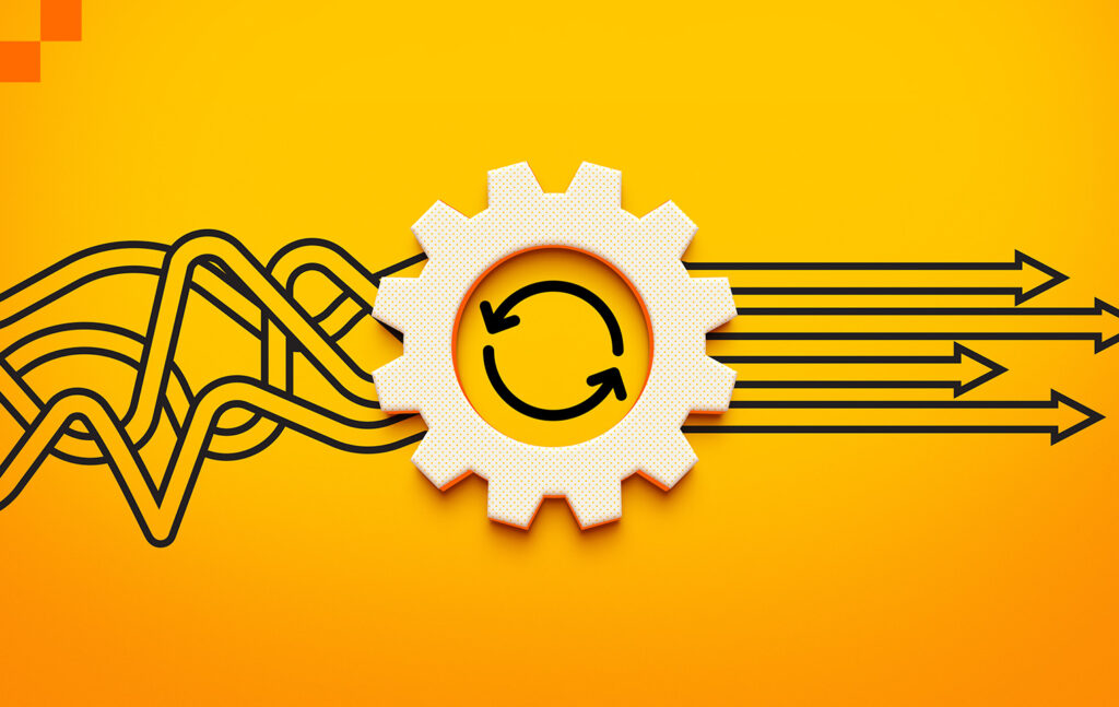 A white gear on an gold background showing process refinement